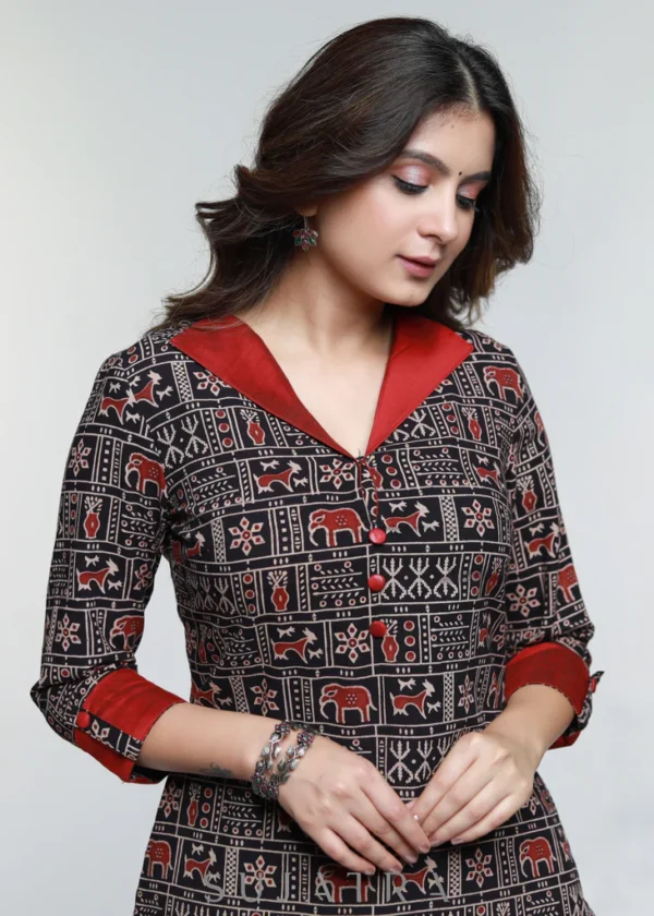 AJRAKH COTTON KURTA WITH STYLISH COLLAR-PANT OPTIONAL