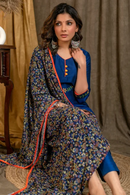 BLUE COTTON SILK STRAIGHT CUT KURTA PANT SET WITH FLORAL EMBROIDERED YOKE AND SLEEVES - DUPATTA OPTIONAL