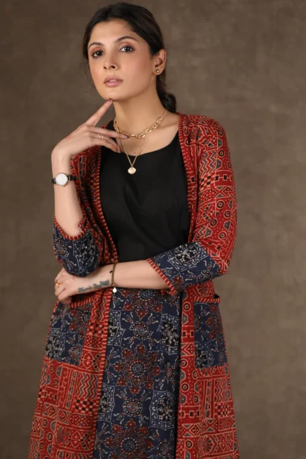 CHIQUE MAROON AJRAKH LONG SHRUG WITH FITTED SKIRT AND INNER - 3 PIECE (SHRUG, INNER & FITTED SKIRT SET)