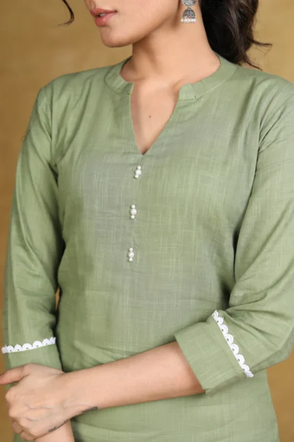 CLASSY OLIVE GREEN COTTON STRAIGHT CUT KURTA WITH WHITE LACES