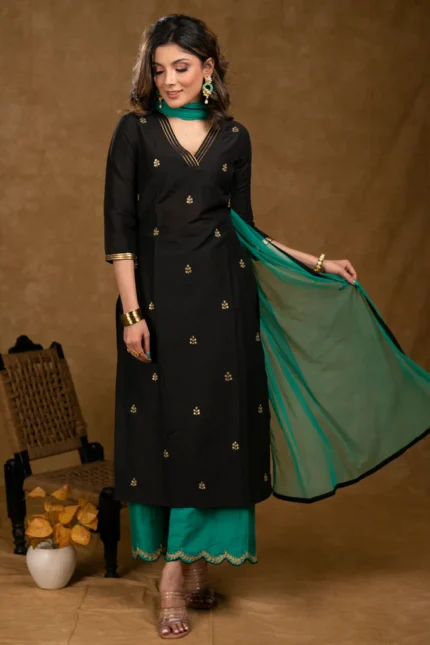 ELEGANT BLACK COTTON SILK KURTA WITH OVERALL HAND EMBROIDERY AND GREEN PALAZZO SET - DUPATTA OPTIONAL