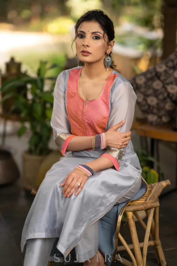 GREY CHANDERI KURTA WITH PINK ZARI WORK YOKE AND PANT