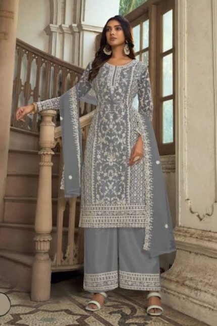 GREY COLOUR DESIGNER SUIT WITH ETHNIC WORK AND BEAUTIFUL HANDMADE WORK OF DUPATTA